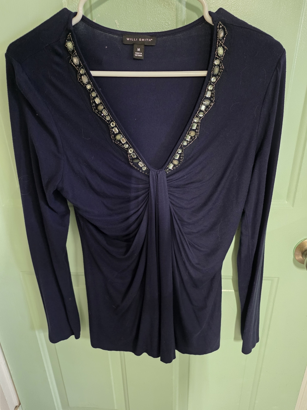 Willi Smith Navy V-Neck Twist-Front Blouse with Beaded Trim